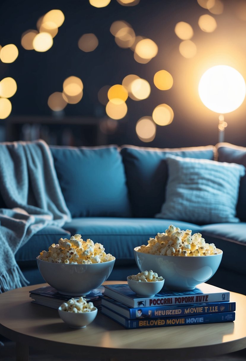 A dimly lit living room with a plush sofa, soft blankets, and a coffee table adorned with bowls of popcorn and a stack of beloved movie titles