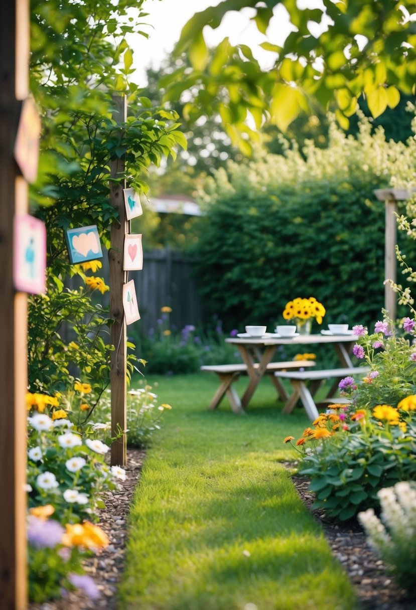 A backyard garden with hidden clues among flowers and trees, leading to a picnic area with a table set for two