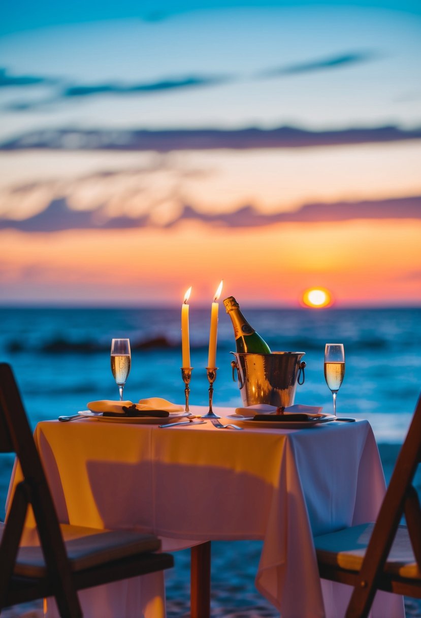 A candlelit dinner on a beach at sunset, with a table set for two and a bottle of champagne chilling in a bucket