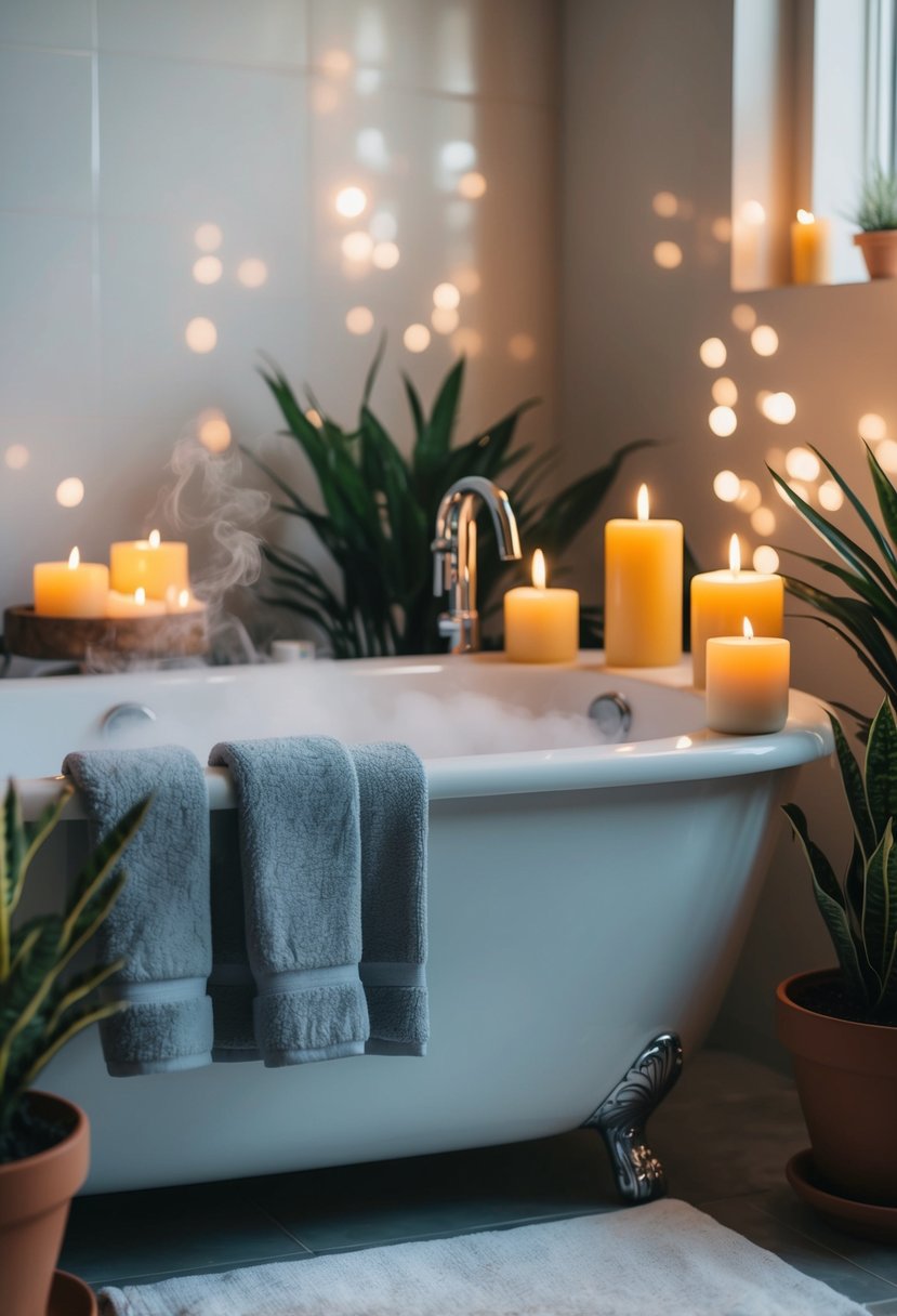 A serene bathroom with flickering candles, a steaming bath, and plush towels, surrounded by potted plants and soothing music