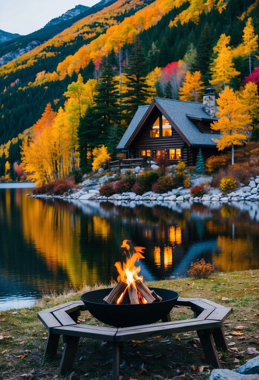 A cozy cabin nestled in the mountains, surrounded by colorful autumn foliage and a serene lake, with a crackling fire pit and a picnic table set for two