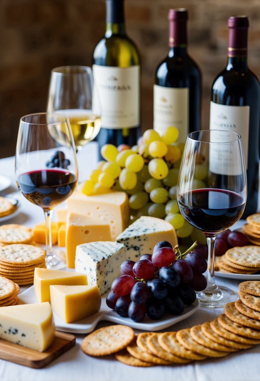 A table set with an assortment of cheeses, crackers, and grapes, accompanied by a selection of wine bottles and glasses