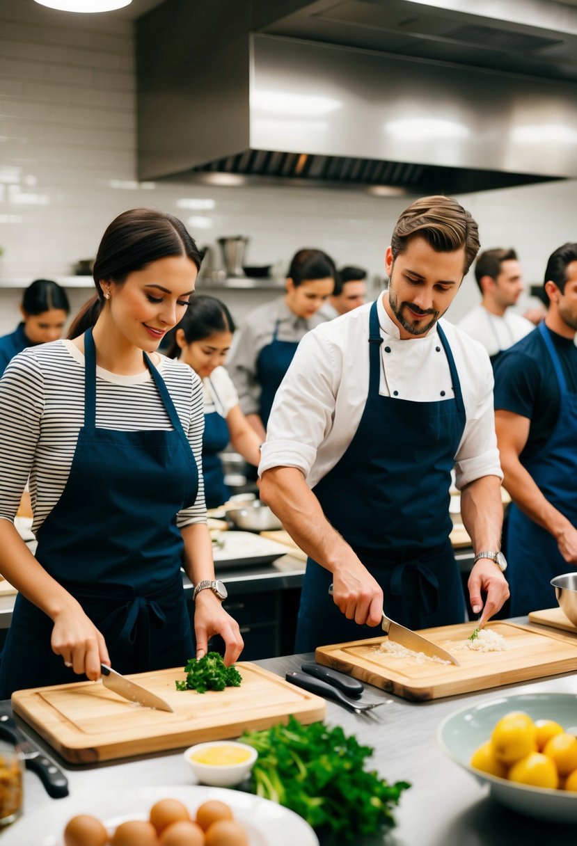 A couple stands side by side at a cooking class, each focused on their own cutting board and ingredients. The instructor demonstrates a technique as the couple follows along, surrounded by other students in the bustling kitchen