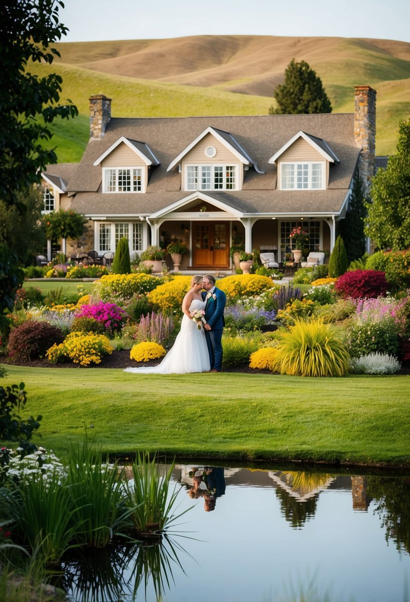 A cozy inn nestled in rolling hills, surrounded by colorful gardens and a tranquil pond. A couple enjoys a romantic weekend getaway, celebrating their 34th wedding anniversary