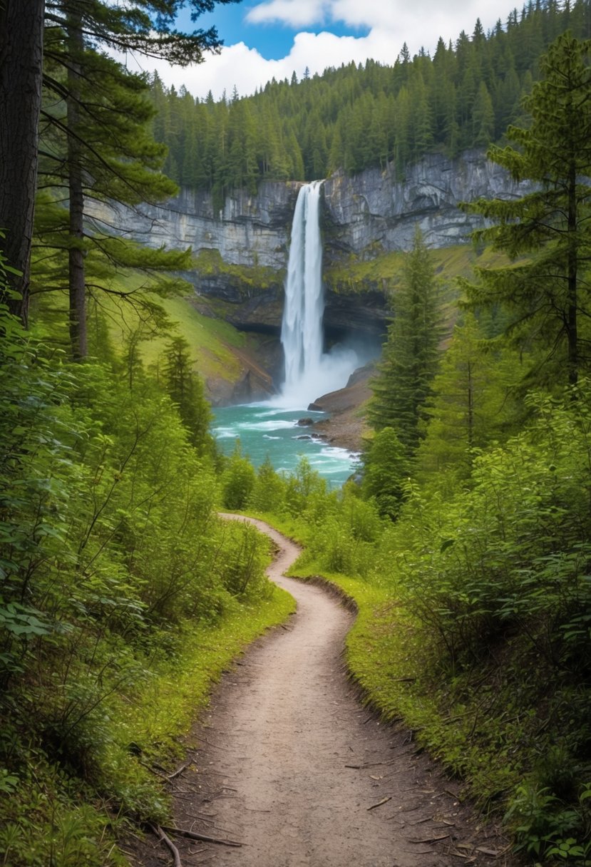 A winding forest trail leading to a secluded clearing with a breathtaking view of a cascading waterfall