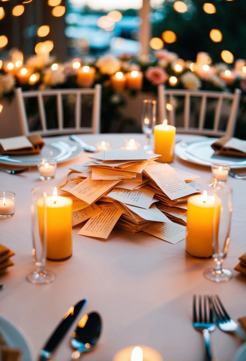 A table set with two chairs, surrounded by candles and flowers. A pile of love letters sits in the center, ready to be exchanged