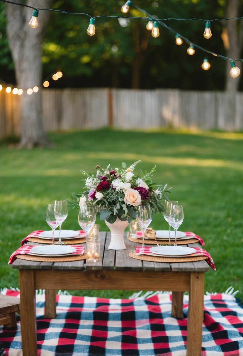 A cozy backyard picnic with a checkered blanket, string lights, wine glasses, and a bouquet of flowers on a wooden table