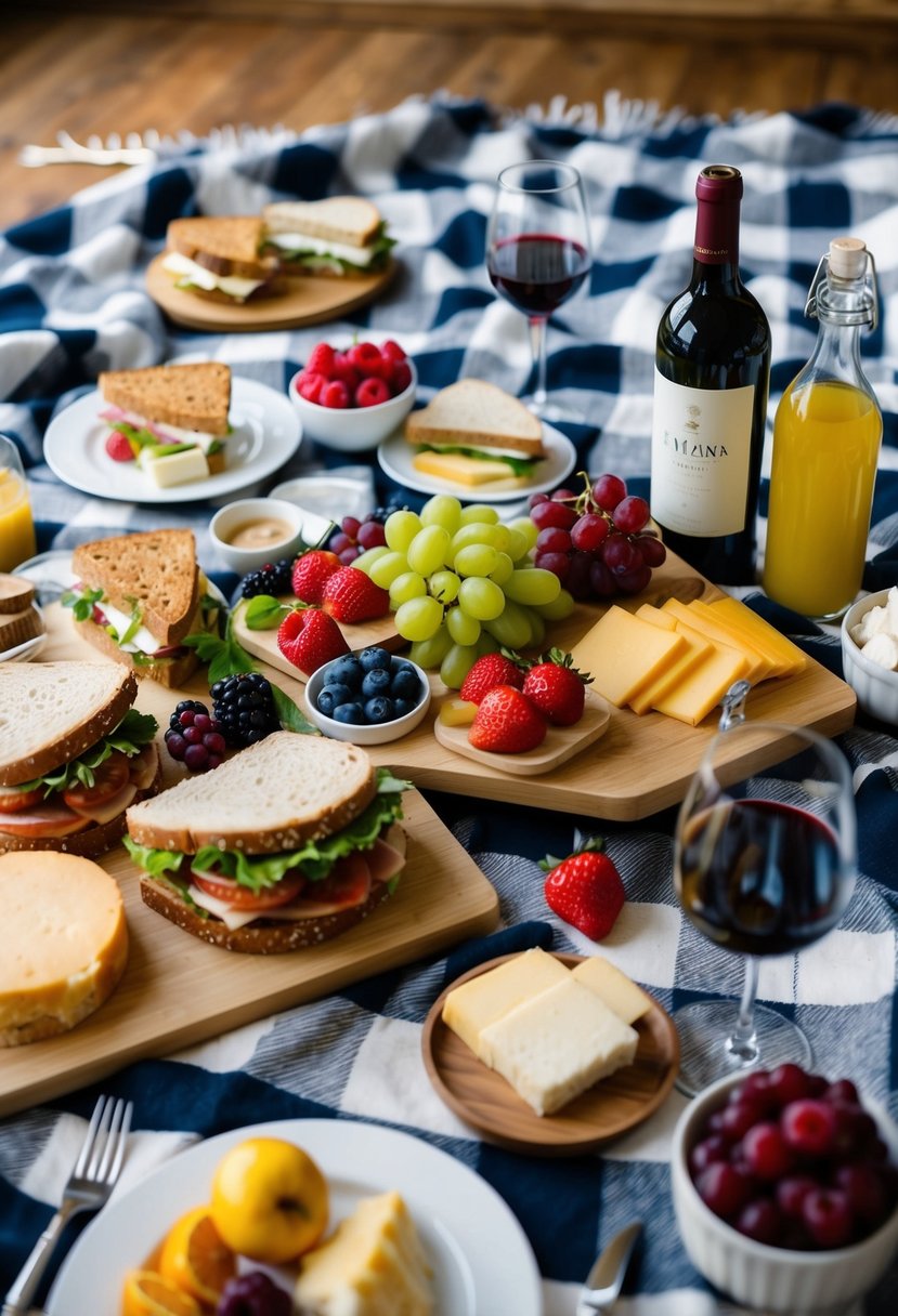 An indoor picnic spread with a checkered blanket, surrounded by a variety of delicious foods and drinks, including fruits, sandwiches, cheese, and wine