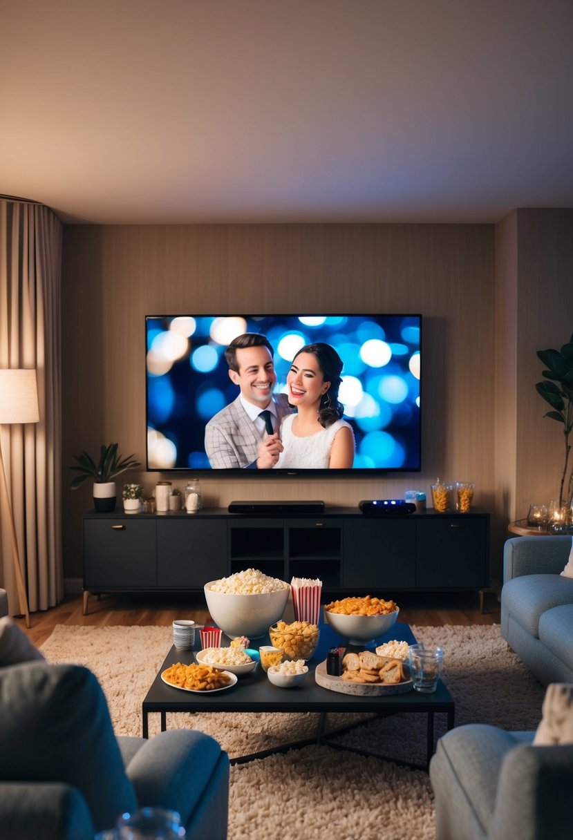 A cozy living room with a big screen TV, comfy couches, and a table filled with popcorn, snacks, and drinks for a 46th wedding anniversary movie night