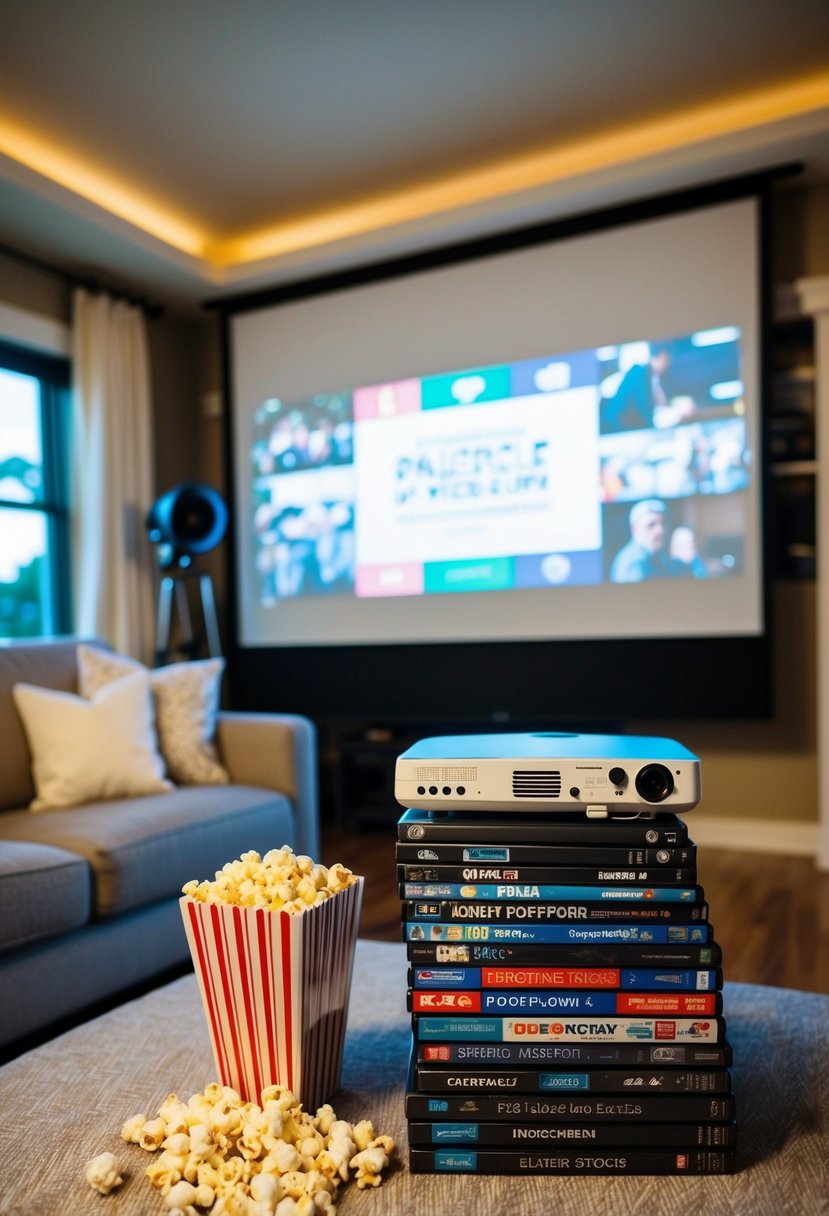 A cozy living room with a projector screen, popcorn, and a stack of DVDs from the couple's wedding year