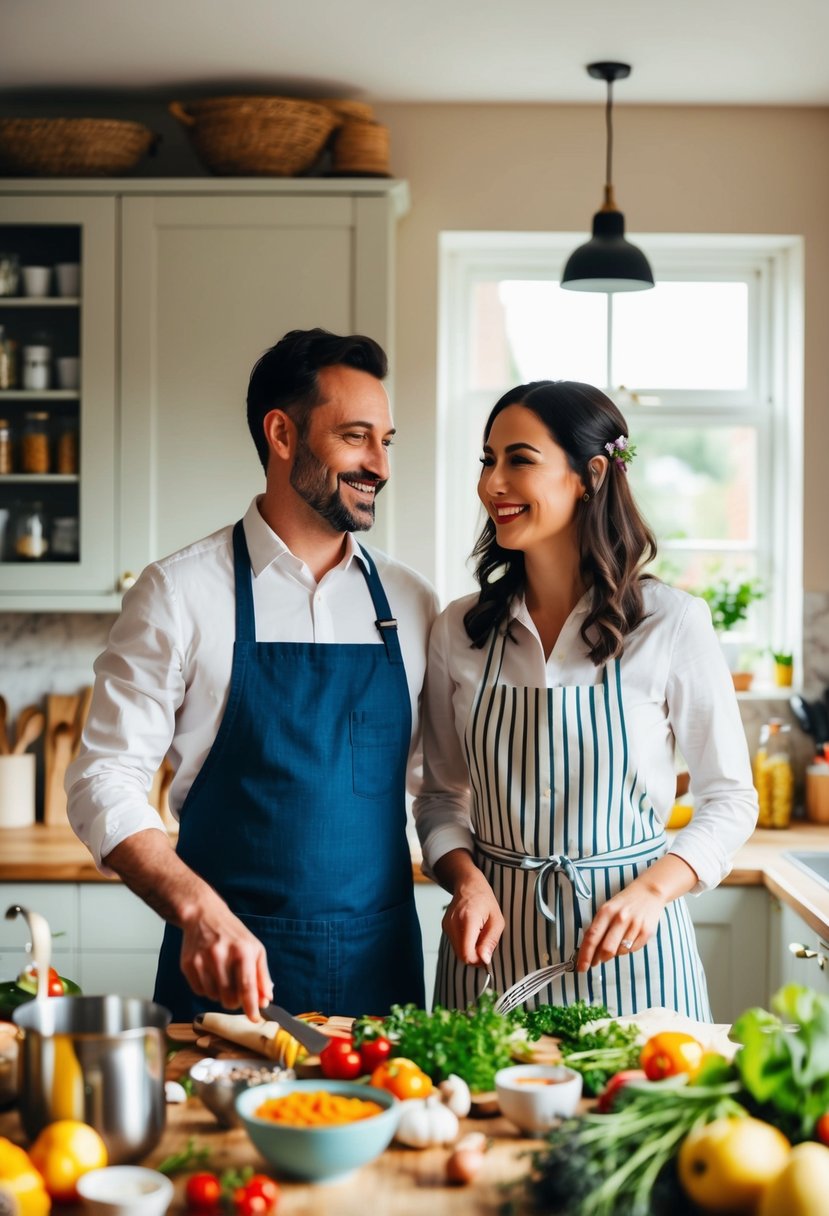 A couple stands side by side in a cozy kitchen, surrounded by colorful ingredients and cooking utensils. They are happily preparing a new recipe together, celebrating their 34th wedding anniversary