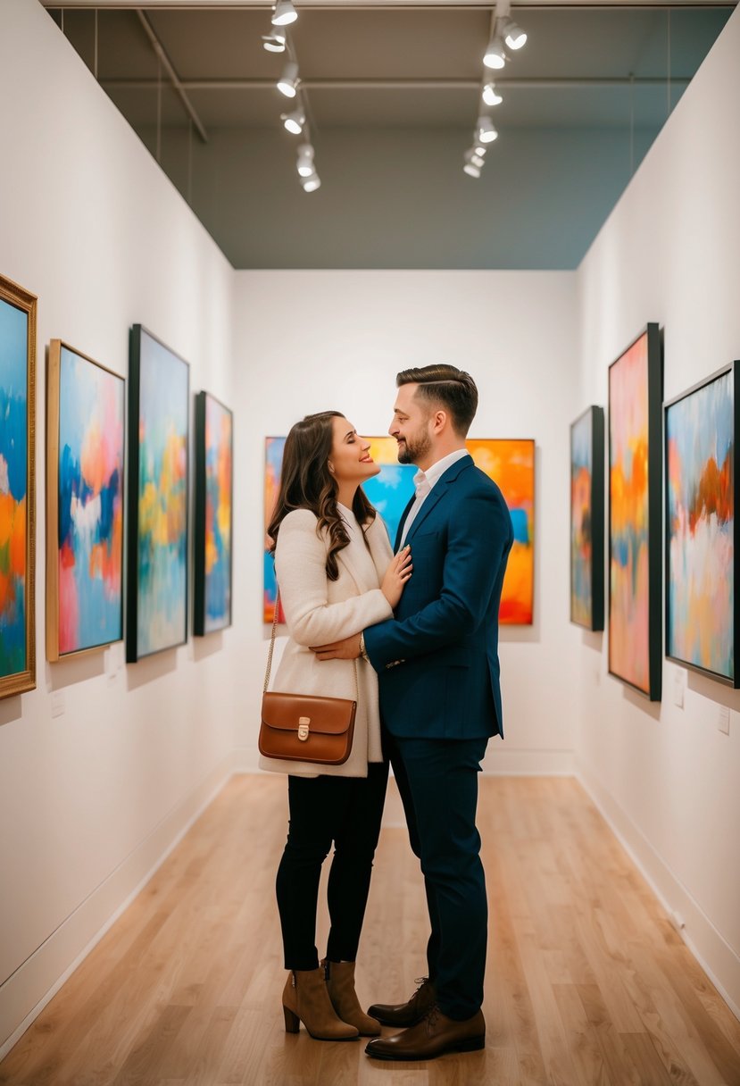 A couple admires colorful paintings in a well-lit art gallery