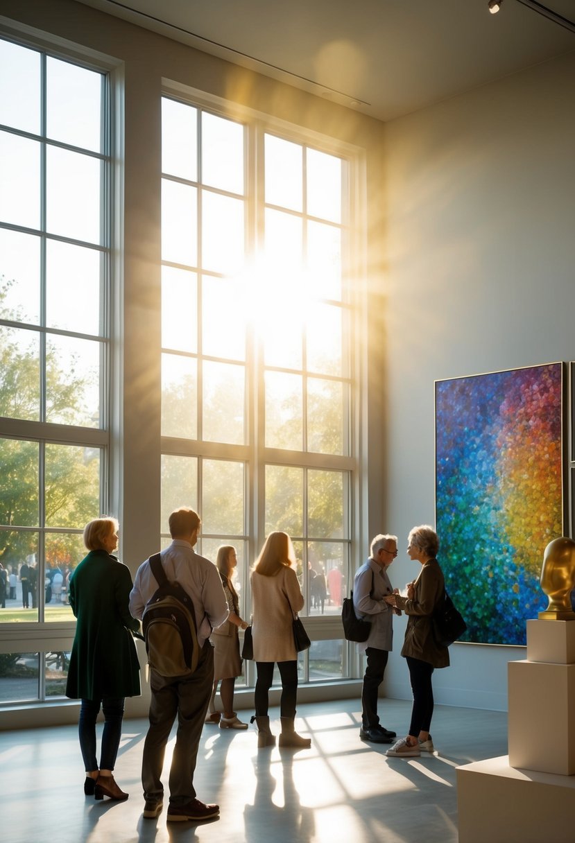 Sunlight streams through large windows, illuminating colorful paintings and sculptures. Visitors admire the artwork while soft music plays in the background