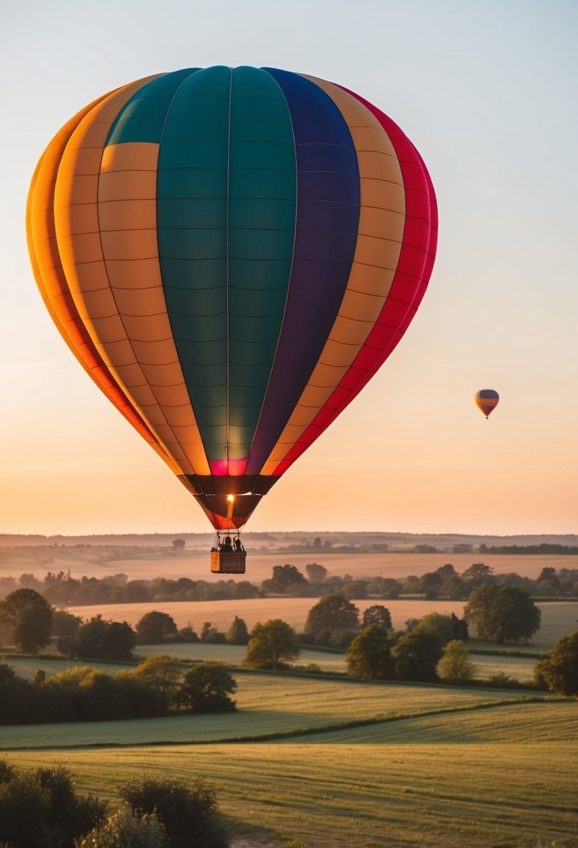 A colorful hot air balloon floats over a peaceful countryside at sunrise