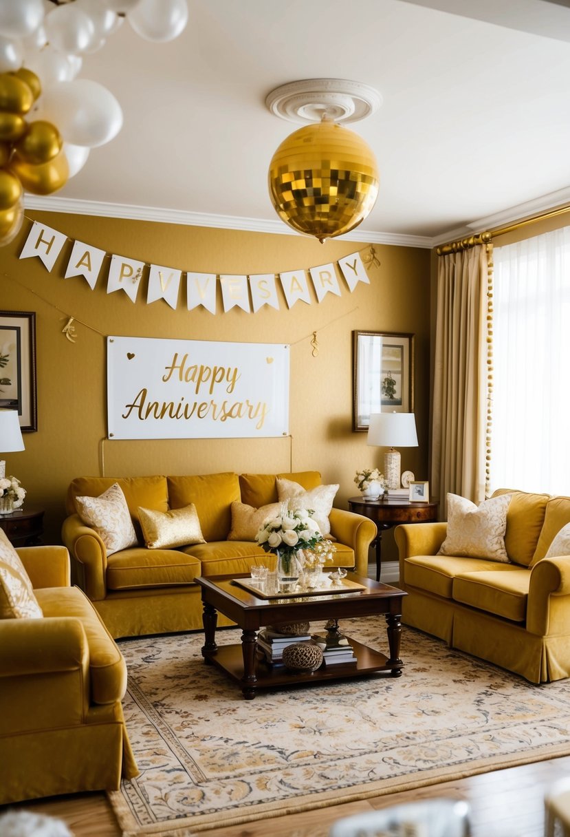 A beautifully decorated living room with a golden color scheme, adorned with 46th wedding anniversary memorabilia and a large "Happy Anniversary" banner