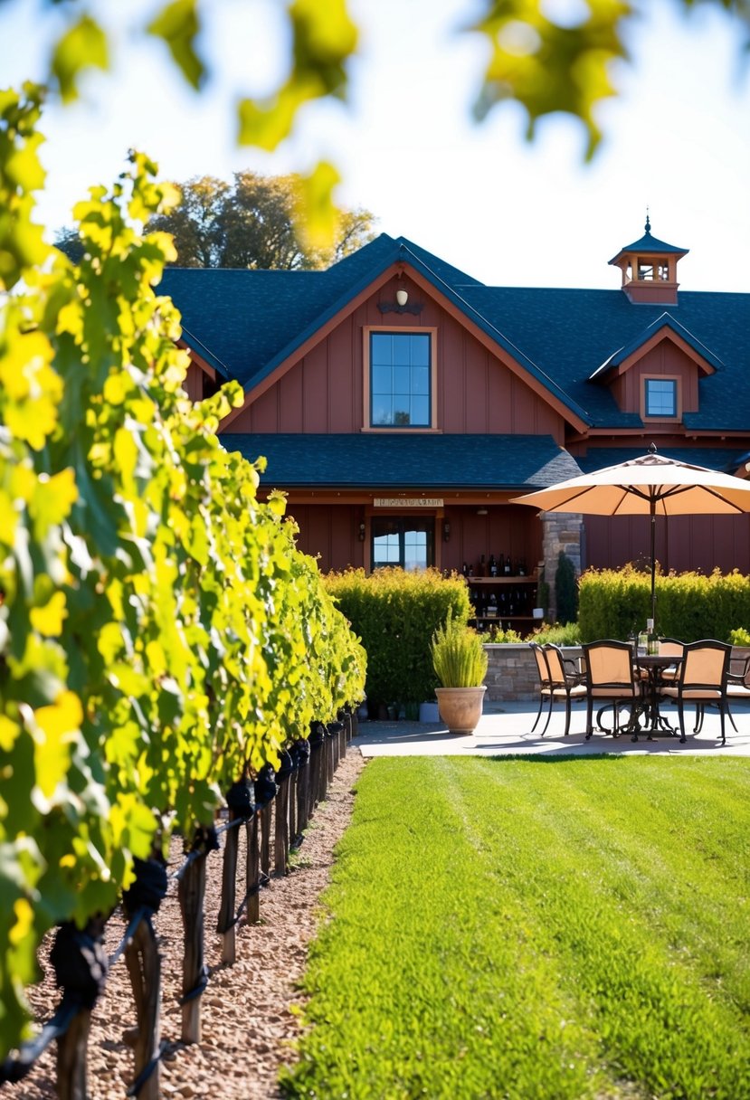 A picturesque winery with rows of grapevines, a charming tasting room, and a scenic outdoor patio for sipping wine on a sunny afternoon