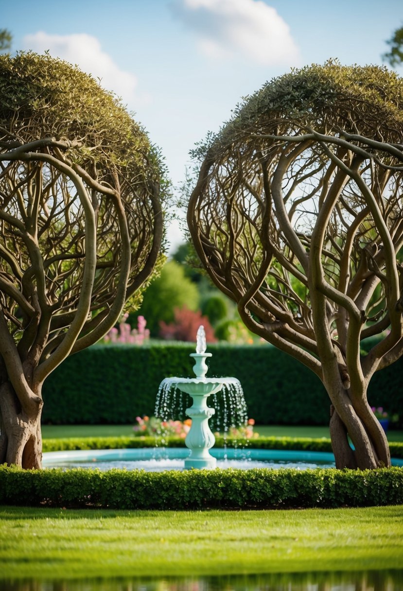 A serene garden with two intertwined trees and a small fountain