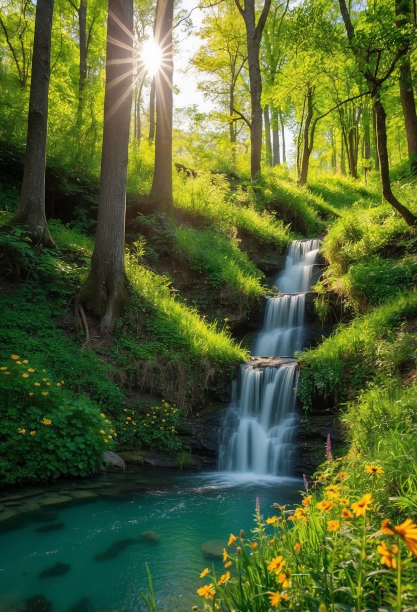 A winding trail leads through lush forest, sunlight filtering through the trees. A waterfall cascades into a clear pool, surrounded by colorful wildflowers