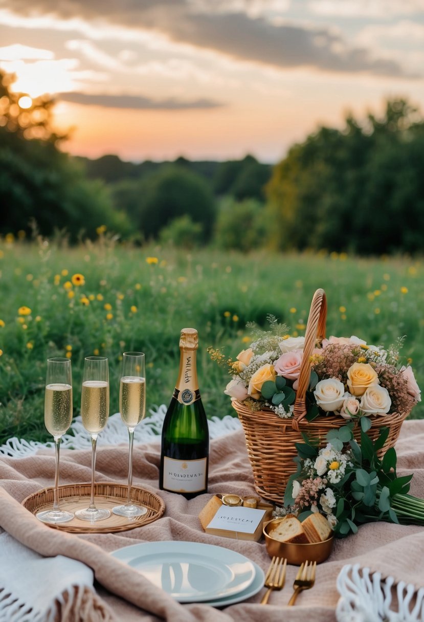 A picnic set up with a cozy blanket, champagne, and a bouquet of flowers surrounded by greenery and a beautiful sunset in the background