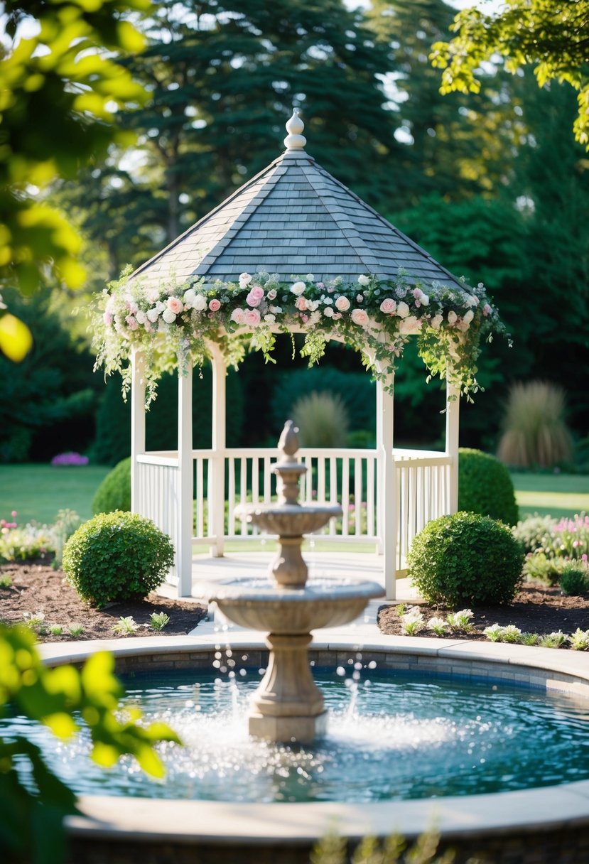 A serene garden with a flower-covered gazebo, surrounded by lush greenery and a bubbling fountain, set for a private vow renewal ceremony