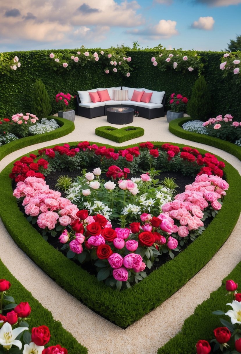 A heart-shaped garden with red roses, pink peonies, and white lilies, surrounded by winding paths and a cozy seating area