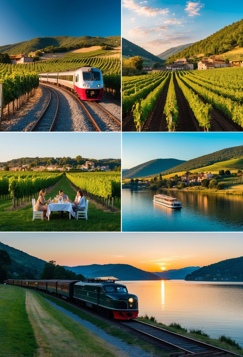 A scenic train ride through rolling hills, stopping at charming towns and vineyards, with a picnic lunch and a sunset cruise on a tranquil lake