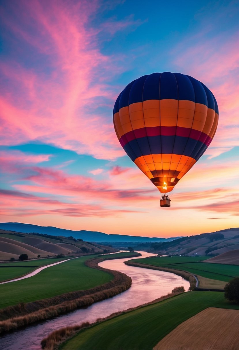 A colorful hot air balloon floats above a picturesque landscape of rolling hills and a tranquil river. The sky is a vibrant mix of pinks, oranges, and blues as the sun begins to set