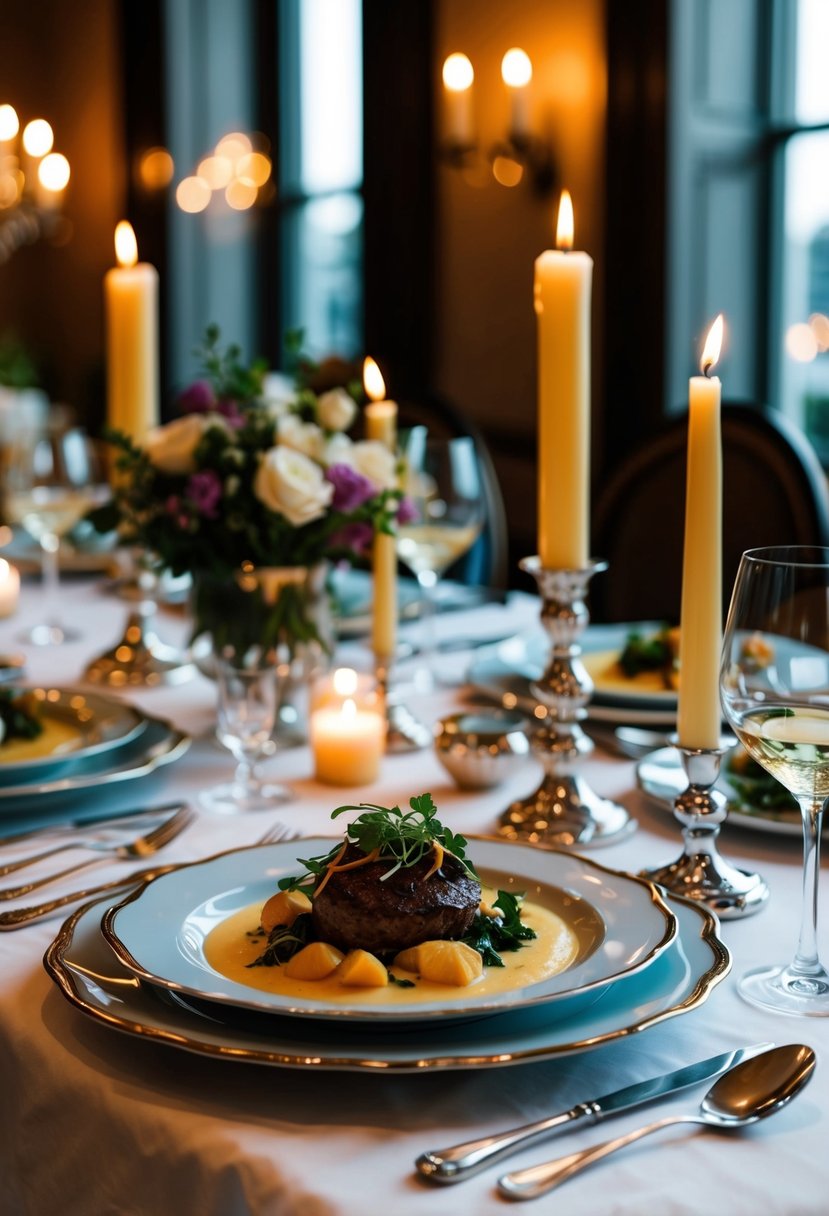 A beautifully set dining table with candles, fine china, and elegant silverware. A delicious gourmet meal prepared and plated with care