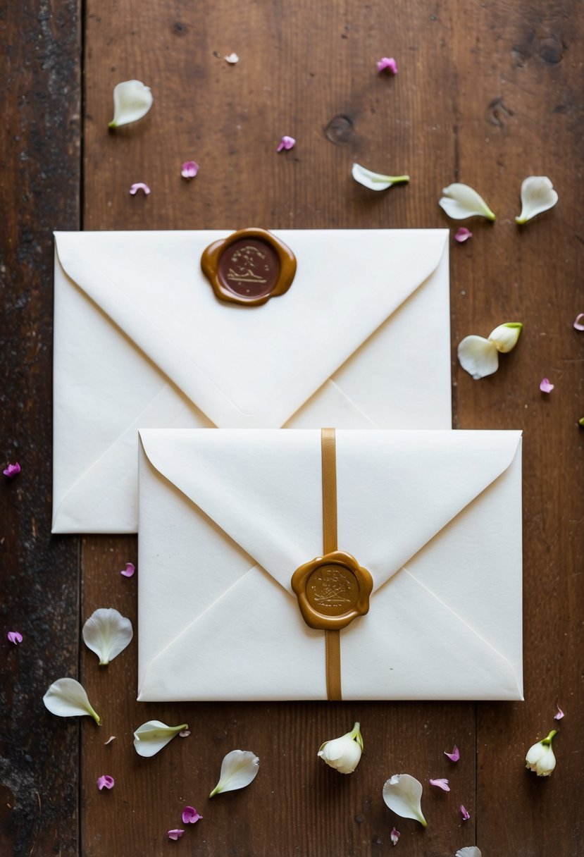 Two envelopes on a rustic wooden table, one sealed with a wax stamp and the other tied with a ribbon, surrounded by scattered flower petals