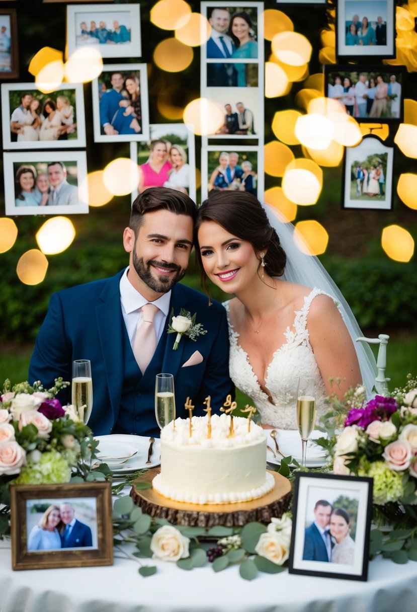 A couple sitting at a beautifully set table with a cake, champagne, and flowers, surrounded by family photos and memorabilia