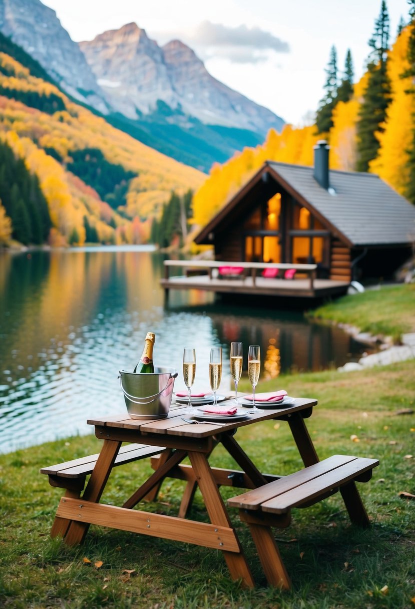 A cozy cabin nestled in the mountains, surrounded by colorful foliage and a serene lake, with a picnic table set for two and a bottle of champagne chilling in a bucket