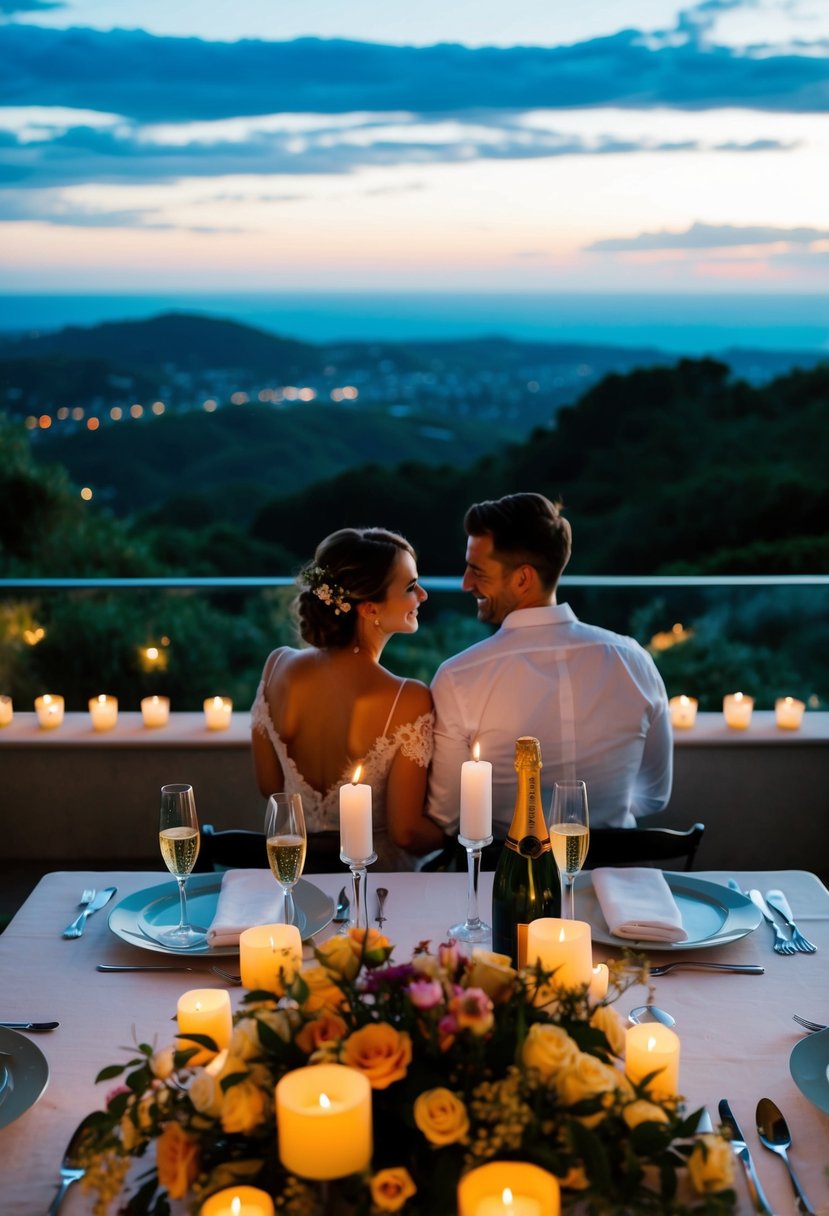 A couple sitting at a candlelit table, surrounded by flowers and a bottle of champagne, overlooking a scenic view