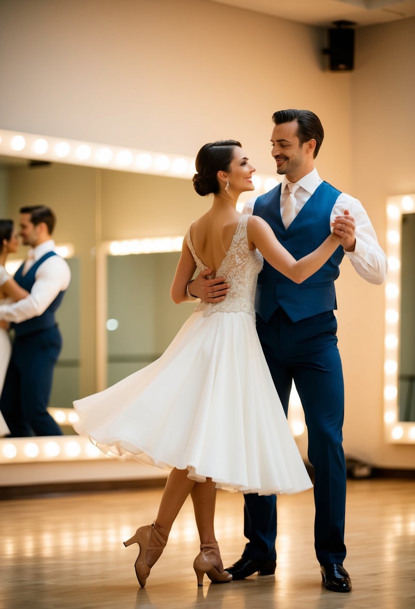 A couple gracefully waltzing in a dance studio, surrounded by mirrors and soft, warm lighting