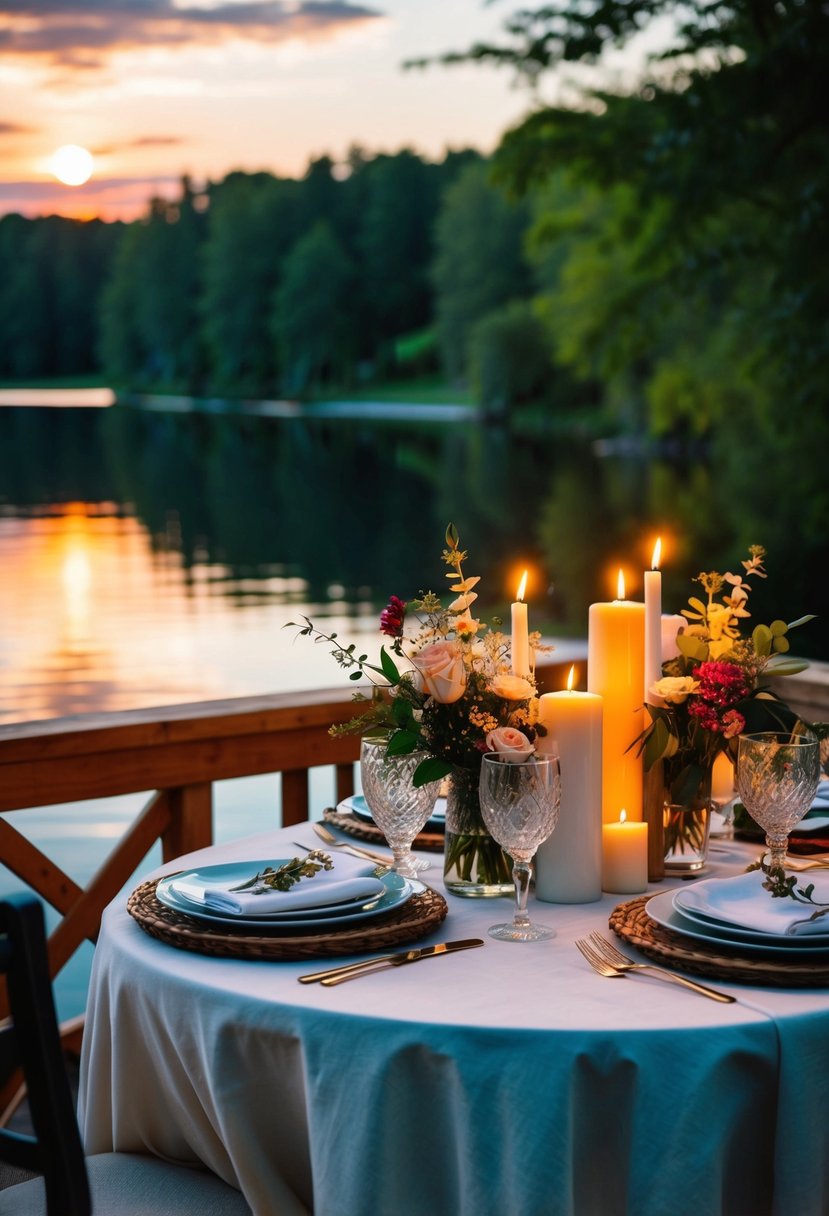 A cozy table set with candles and flowers, overlooking a serene lake at sunset