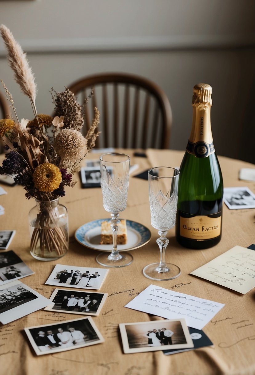 A table adorned with old photos, dried flowers, and handwritten notes. A champagne bottle and two crystal glasses sit beside a golden anniversary cake