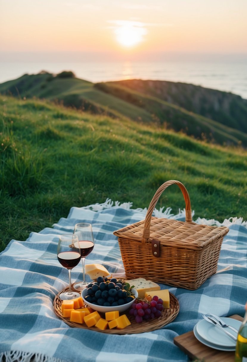 A cozy picnic blanket spread out on a grassy hill overlooking the ocean, with a wicker basket filled with wine, cheese, and fruit. The sun sets in the distance, casting a warm, romantic glow over the scene