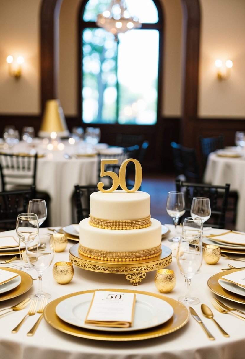 A beautifully decorated dining table with golden accents and a "50" cake centerpiece