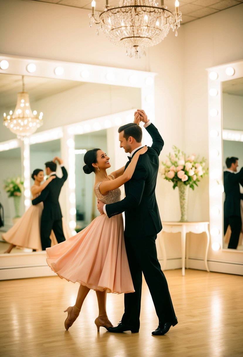 A couple gracefully waltzing in a brightly lit dance studio, surrounded by mirrors and elegant decor