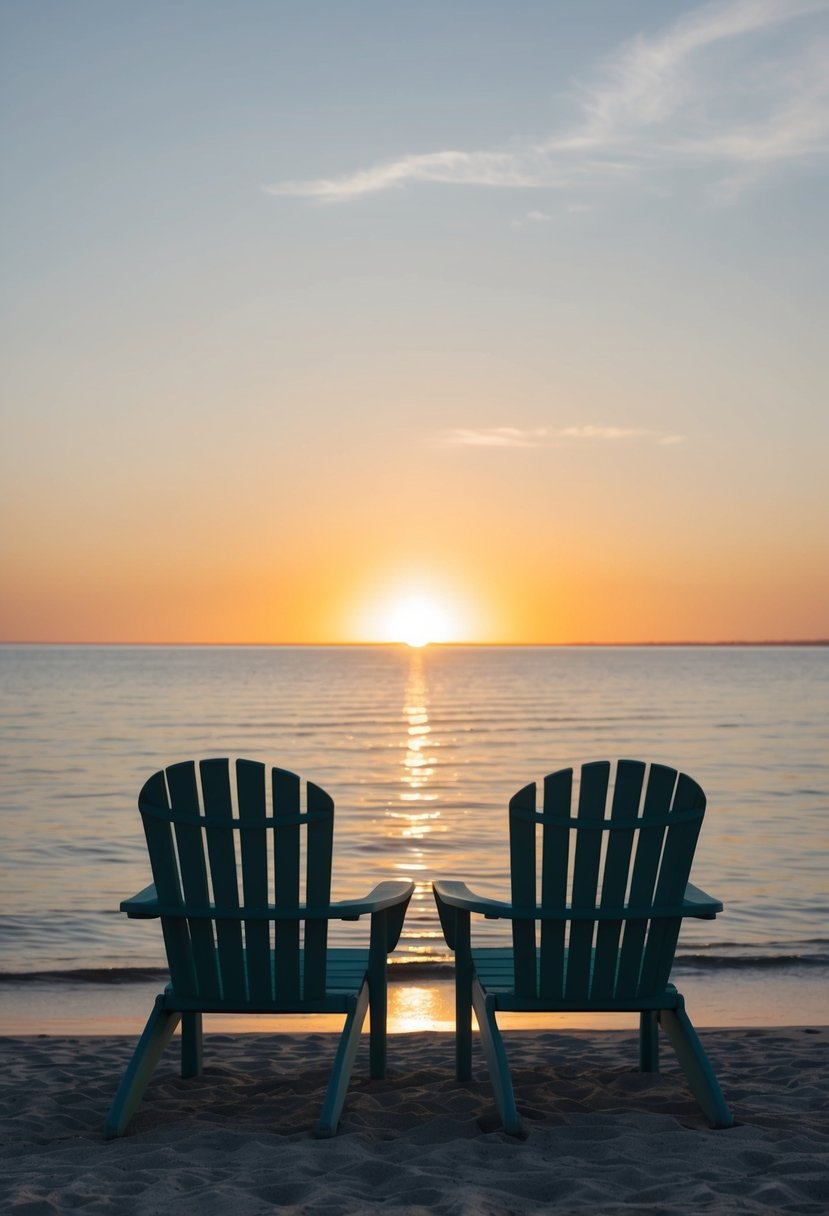 A serene beach with two chairs facing the horizon, where the sun rises over the calm ocean