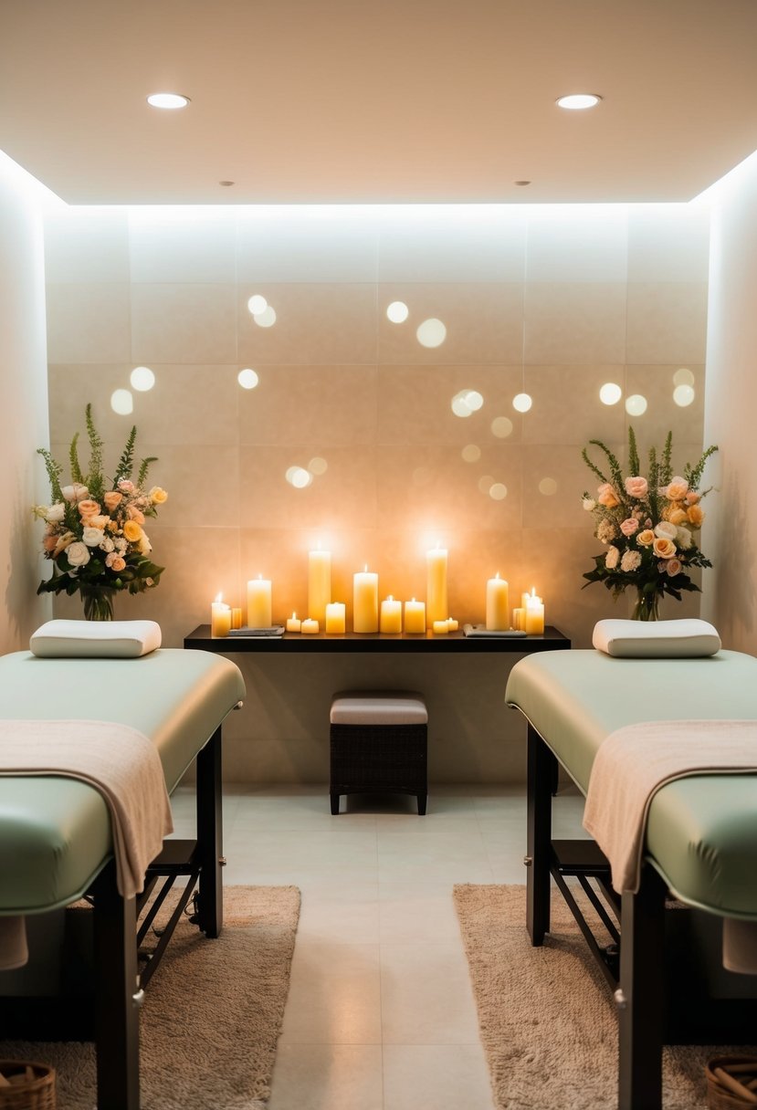 A serene spa room with two massage tables, soft lighting, and soothing music. Aromatherapy candles and fresh flowers add to the ambiance