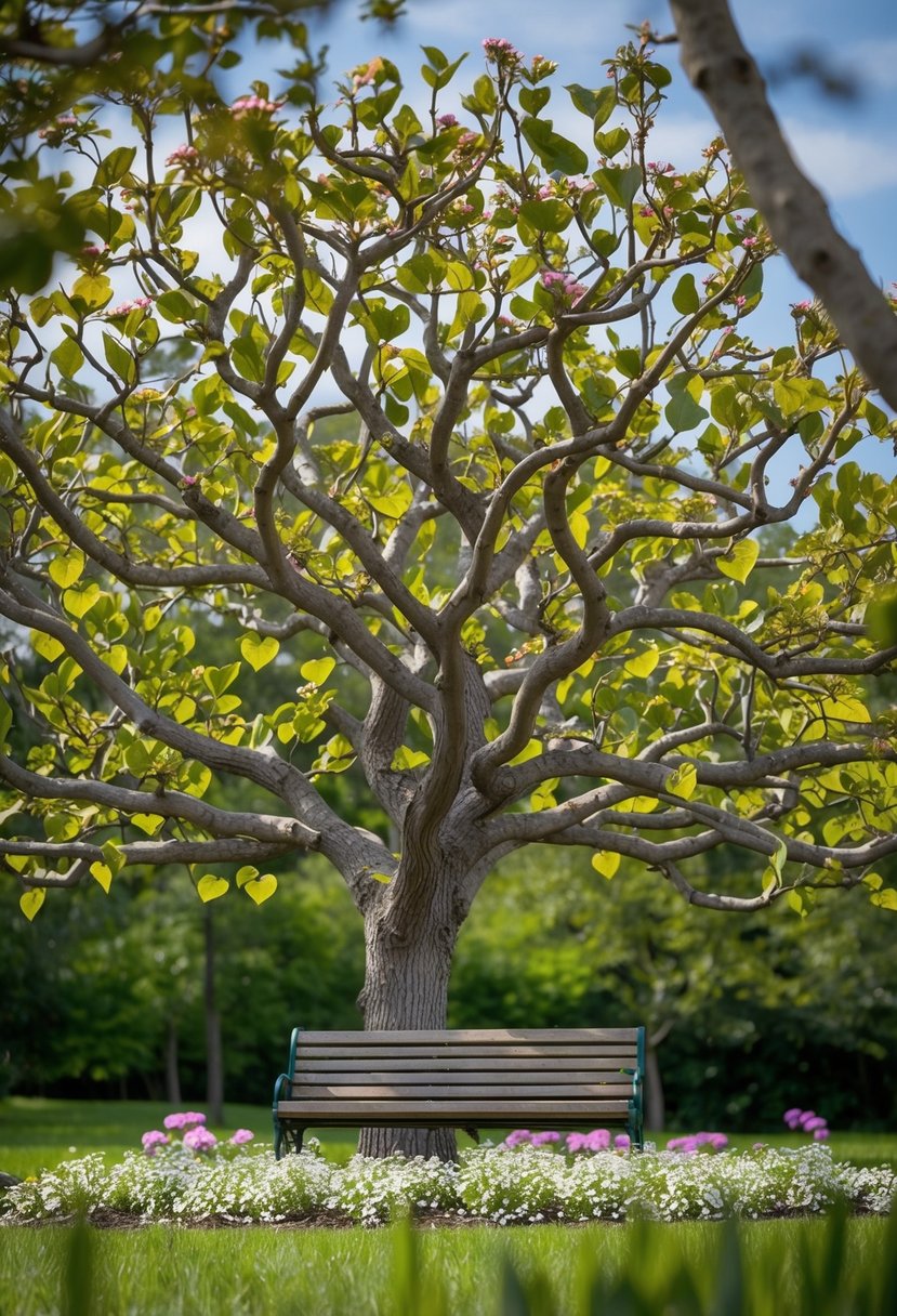 A mature tree with heart-shaped leaves and intertwined branches, surrounded by blooming flowers and a bench underneath