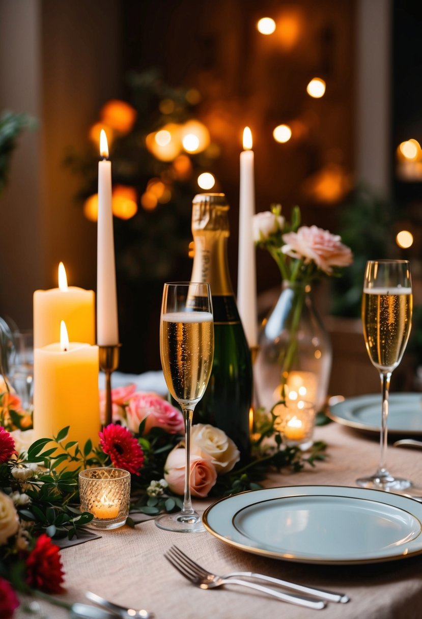 A cozy dinner setting with candles, flowers, and champagne on a beautifully decorated table