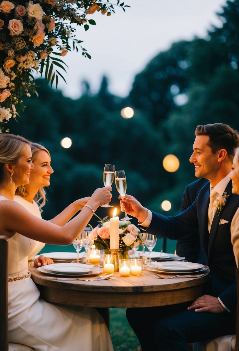 A couple sitting at a candlelit table, surrounded by flowers and soft music, toasting with champagne