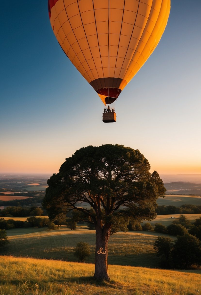 A hot air balloon floats above a picturesque landscape at sunset, with a couple's initials carved into a tree below