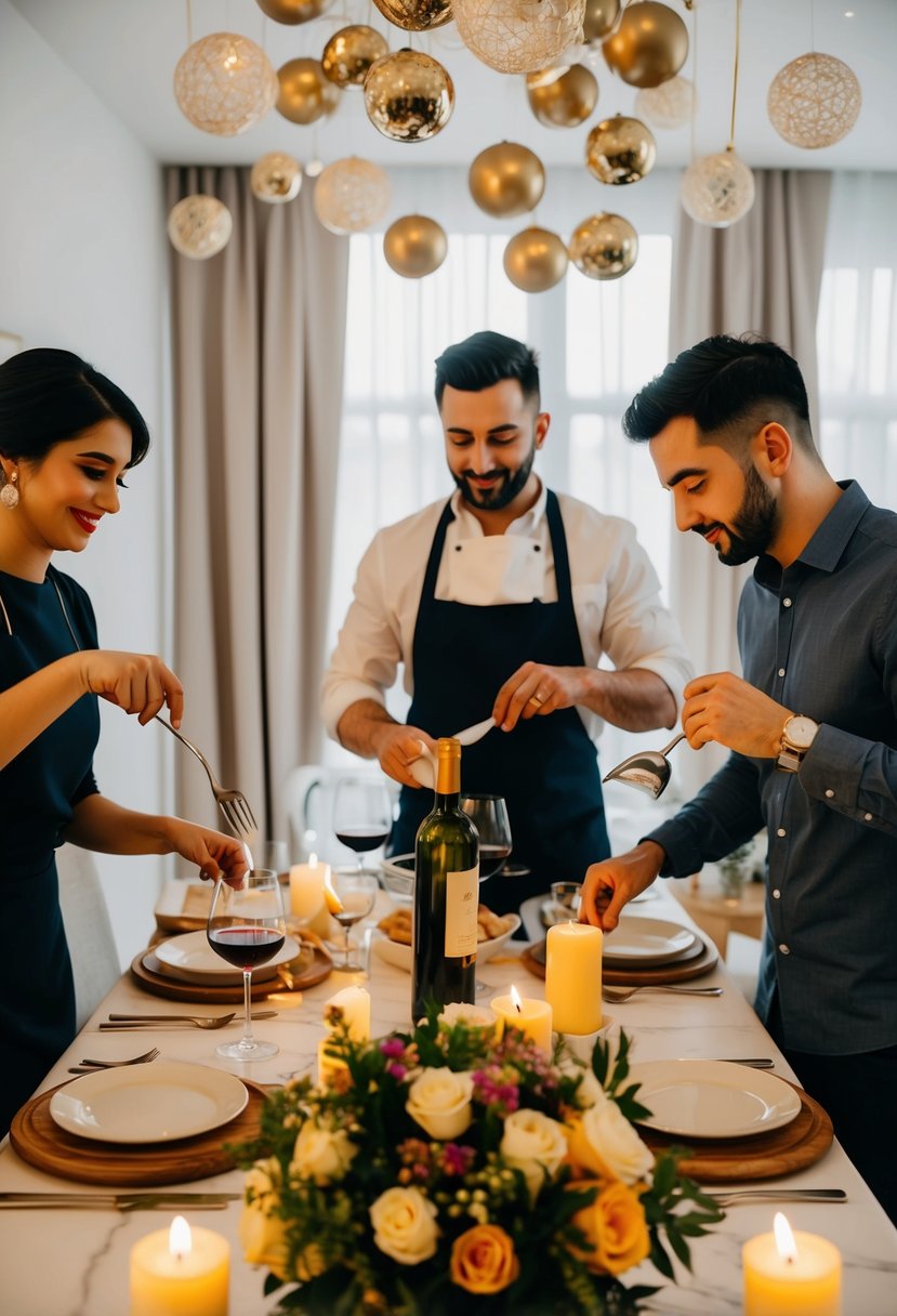 A couple prepares a meal together, surrounded by anniversary decorations and candles, with a bottle of wine and a bouquet of flowers on the table