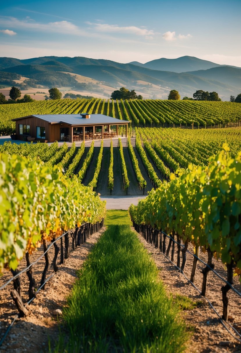 A picturesque vineyard with rows of lush grapevines, a rustic tasting room, and a scenic backdrop of rolling hills and mountains