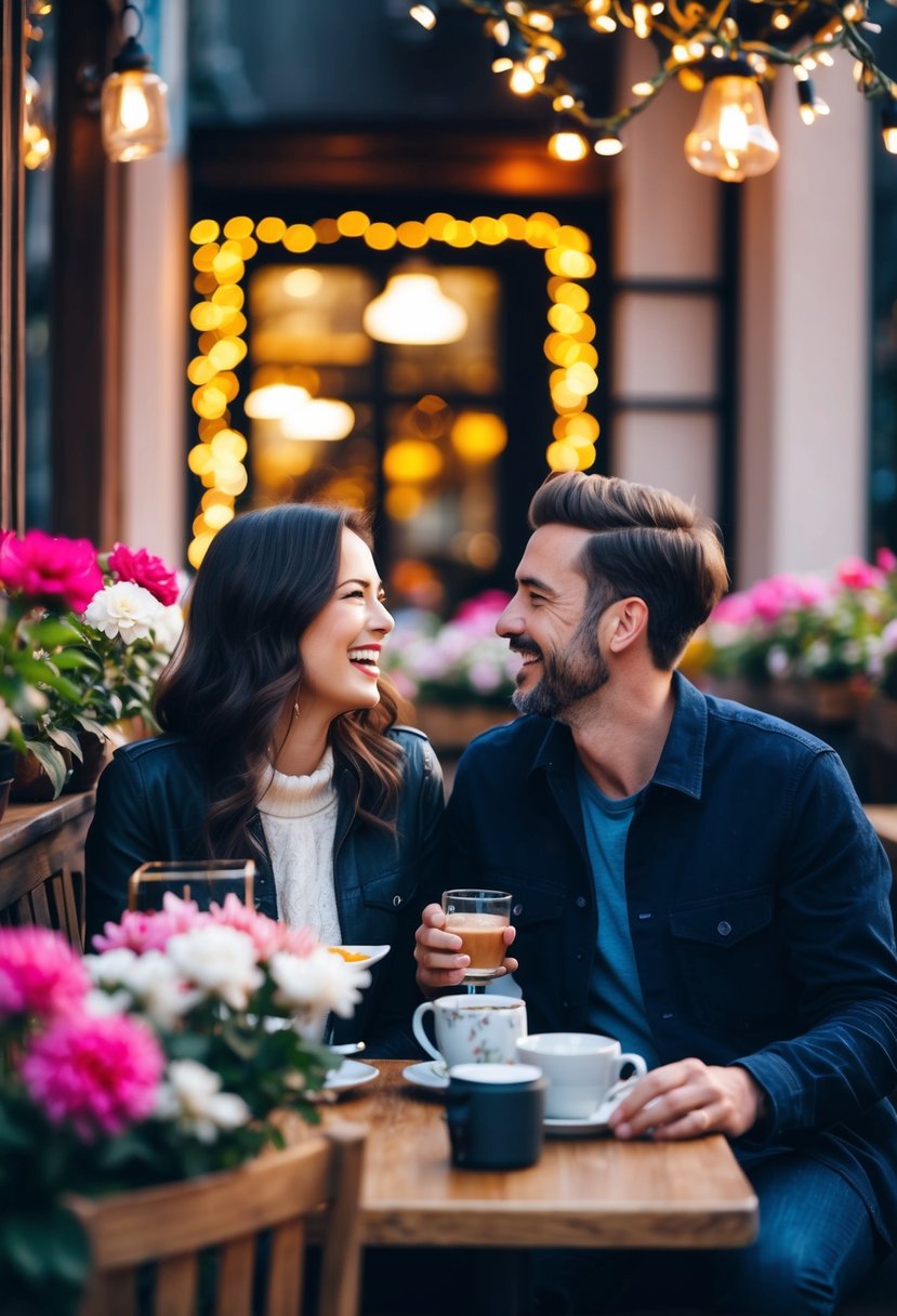 A couple sits at a cozy cafe, surrounded by blooming flowers and twinkling lights, sharing a laugh as they reminisce about the day they first met