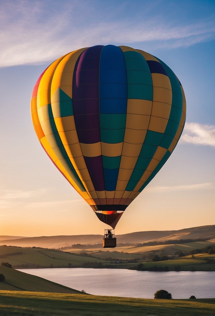 A colorful hot air balloon floats above a picturesque landscape at sunrise, with rolling hills and a serene lake below