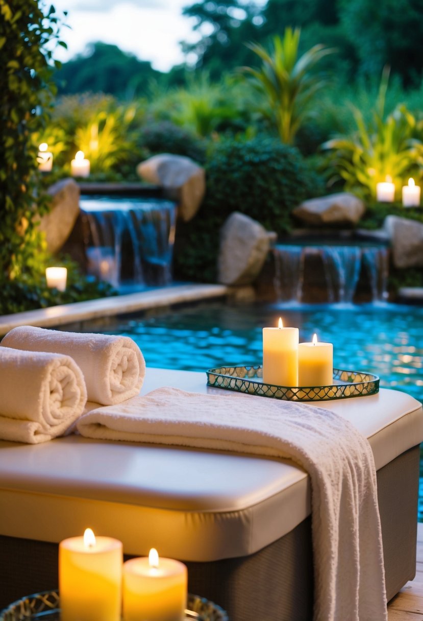 A serene spa with plush robes, flickering candles, and bubbling hot tubs set against a backdrop of lush greenery and trickling water features