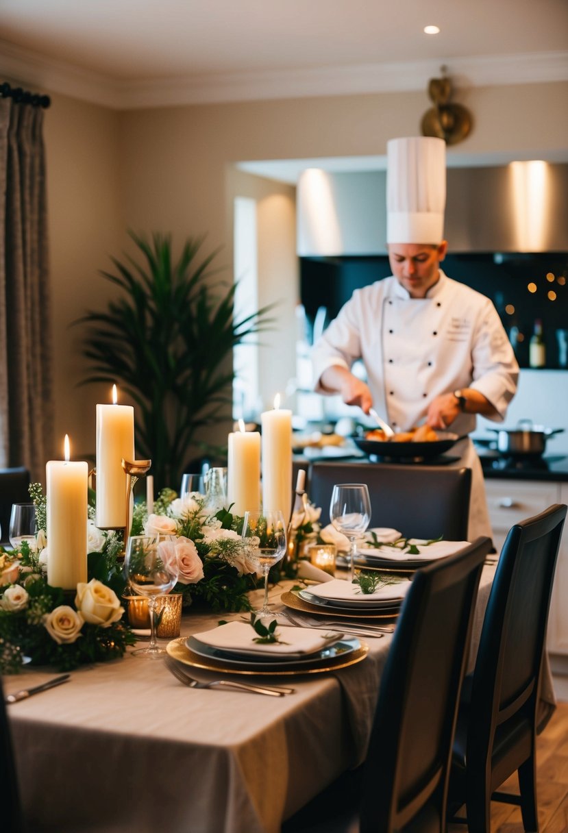 A cozy dining room with a beautifully set table, adorned with candles and flowers, while a private chef prepares a gourmet meal in the background